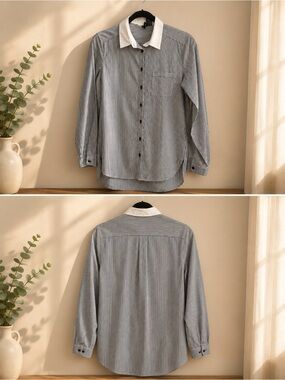 Men's Striped Long-Sleeve Shirt with Contrast Collar - Gray